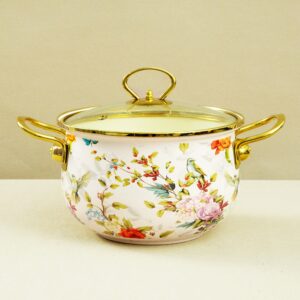 Vintage Enamel Stockpot, Floral Enamel Soup pot, Cookware With Metal Handle for Gas stove
