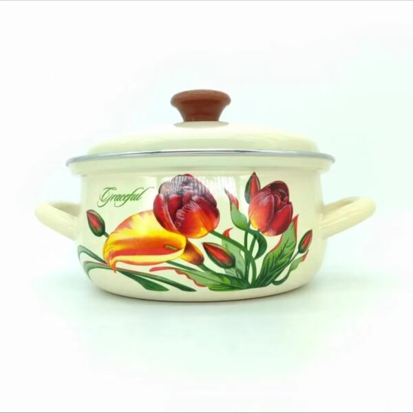 Vintage Fruit Pattern Enameled Stockpot With Lid, Kazakhstan Soup Pot With Handle,  Kitchen Cookware For Home Party Use - Image 7