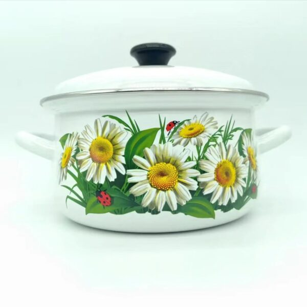 Kazakhstan Vintage Pattern Enamel Stockpot With Lid & Handle, 1 Count Exquisite Thickened Enamel Soup Pot, Household Cookware for Kitchen Dining Room Camping - Image 4