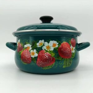Kazakhstan Vintage Pattern Enamel Stockpot With Lid & Handle, 1 Count Exquisite Thickened Enamel Soup Pot, Household Cookware for Kitchen Dining Room Camping