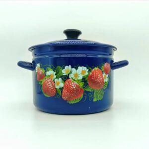 Kazakhstan Vintage Fruit Enamel Stockpot with Lid & Handle, Stew Pot for Soup, Enamel Cookware for Induction Cookers, Gas Stove