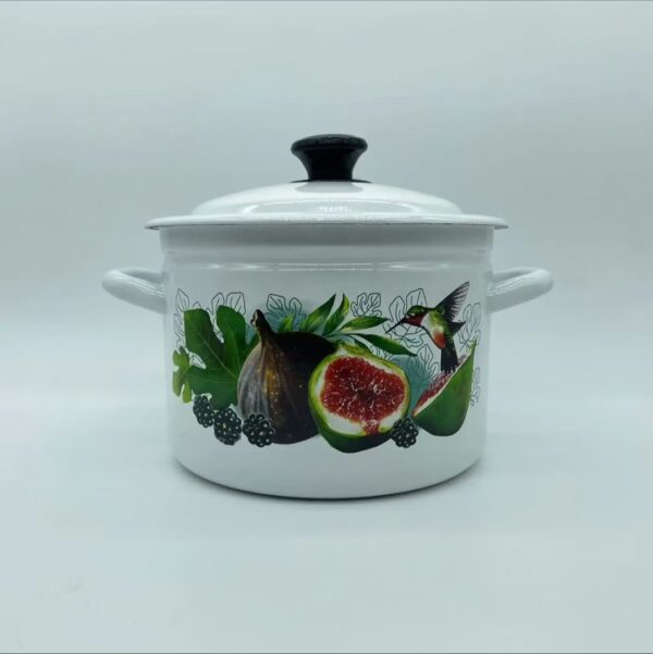 Kazakhstan Vintage Fruit Enamel Stockpot with Lid & Handle, Stew Pot for Soup, Enamel Cookware for Induction Cookers, Gas Stove - Image 7