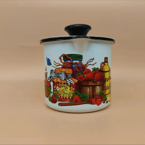 Kazakhstan Fruit Pattern Enamel Oil Pot, Bacon Grease Keeper, Vinegar Pot, Seasoning Jar for Home Kitchen - Image 3